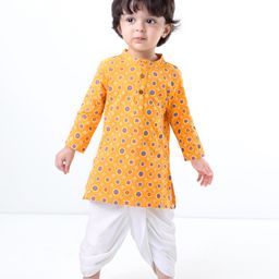 Earthy Touch Cotton Knit Full Sleeves Printed Kurta with Dhoti Set - Mustard-image-90