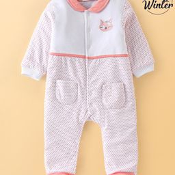 Babyoye Eco Conscious 100% Cotton Fox Embroidery & Polka Dots Printed Winter Wear Footed Sleepsuit - White-image-86