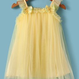 Babyhug Sleeveless Party Frock with Bow Applique - Yellow-image-49