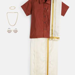 THANGAMAGAN Viscose Half Sleeve Shirt With Mundu & Angavastram With Freebies Set - Red-image-107