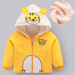 Kookie Kids Full Sleeves Front Open Hooded Jacket With Tiger Print & Ears Applique - Yellow-image-76
