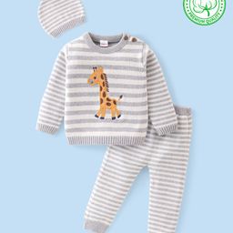 Babyhug Organic Cotton Knit Full Sleeves Striped Sweater Set & Cap with Giraffe Design - Grey & White-picture-14