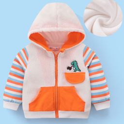 Kookie Kids Full Sleeves Front Open Hooded Winter Jacket with Stripes & Dino Patch Applique - Multicolour-image-22