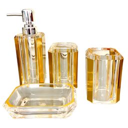 SCHOOLISH Gold Acrylic Textured Bath Accessory Soap Dispenser, Tumbler Cup, Soap Dish Tray, Gift for Home Apartment Modern Bathroom- SET OF 4-17
