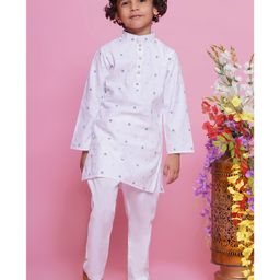 Little Bansi Cotton Full Sleeves Leaf Printed Kurta With Pyjama - White-picture-33