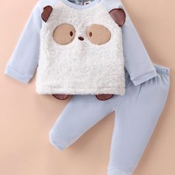 ToffyHouse 100% Cotton Knit Raglan Sleeves Top With  Fur Teddy Design & Footed Leggings Set - Sky Blue-image-19