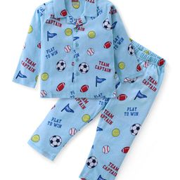Babyhug Cotton Knit Full Sleeves Front Open Night Suit With Sports Print - Sky Blue-image-57