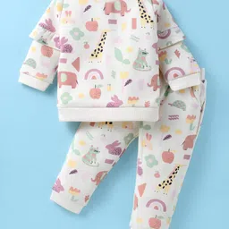 ToffyHouse Fleece Knit Full Sleeves Winter Top with Lounge Pant Set with Animal Print - White-picture-44