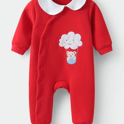 Kookie Kids Full Sleeves Peter Pan Collared Winter Wear Romper with Cloud & Bear Patch- Red-image-66