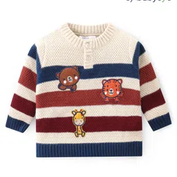 Babyoye Knit Full Sleeves Henlay Striped Sweater with Animals Patch - White Navy & Maroon-picture-8