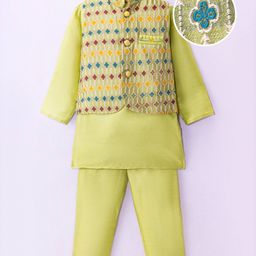 Ridokidz Full Sleeves Solid Kurta Pyjama With Floral Embroidered Jacket - Parrot Green-image-41