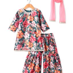 Babyhug Woven Three Fourth Sleeves Digital Floral Printed Kurta Gharara Set with Dupatta & Lace Detailing - Teal Blue-image-74