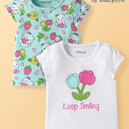 Babyoye Eco Conscious Eco Jiva Finish Cotton Knit Half Sleeves T-Shirts With Floral & Text Print Pack Of 2 - Light Blue White-image-12
