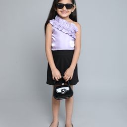 Taffykids Organza Sleeveless Frill Detailed Solid Party Crop Top & Skirt Set - Purple & Black-image-19