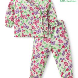 Babyoye 100% Organic Muslin Woven Full Sleeves Night Suit with Floral & Butterfly Print - Light Green-image-95