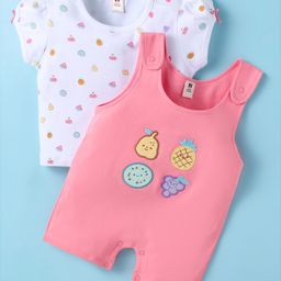 ToffyHouse Cotton Knit Half Sleeves Dungaree Style Romper & T-Shirt with Tropical Print - Pink & White-image-76