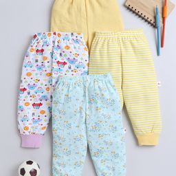 BUMZEE Cotton Knit Full Length Lounge Pants with Stripes Floral & Animal Print Pack of 4 - Yellow &Green-image-65