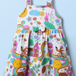 Babyhug Single Jersey Knit Sleeveless Frock With Animal & Floral Print & Bow Applique - White-image-57