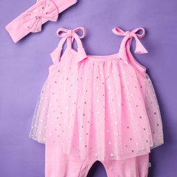 Wonderchild Interlock Sleeveless Polka Dots Foil Printed Romper & Bow Applique Detailed Headband - Pink-10