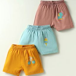 OHMS Single Jersey Knit Above Knee Length Shorts with Animal Print Pack of 3 - Mustard Yellow Blue & Tan-image-66