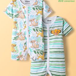 Babyoye Disney Interlock Knit Half Sleeves Rompers With Lion King Graphics Pack Of 2 - White & Light Green-image-25