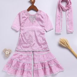 JBN Creation Silk Blend Three Fourth Sleeves Stones & Gota Lace Embellished Kurta & Sharara With Dupatta Set - Onion Pink-image-48