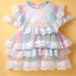 ToffyHouse Woven Sleeveless Frock With Lace & Frill Detailing - Multicolor-image-23