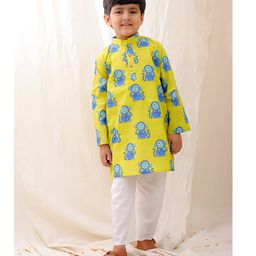 BownBee Pure Cotton Full Sleeves Monkeys Printed Kurta Pyjama Set - Yellow-image-90