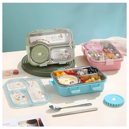 SCHOOLISH 3D Printed 304 Stainless Steel Rectangular 3 Grids Lunch Box with Bowl Leak Proof Food Container with Locks 700ml - PACK OF 1 - COLOR MAY VARY-65