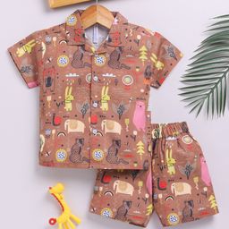 TOONYPORT Cotton Knit Half Sleeves Baby Animals Printed Coordinating Shirt & Shorts Set - Brown-image-94