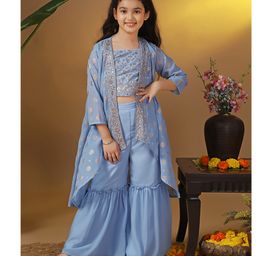 Fashion Dream Georgette Knit Floral Swirls Embroidered Sequins Embellished Crop Top & Palazzo With Three Fourth Sleeves Shrug Set - Sky Blue-picture-4