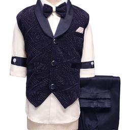 Rikidoos Cotton Woven Full Sleeves Textured 3 Piece Party Suit Set With Bow - White & Navy Blue-picture-32