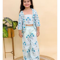 AJ Dezines Cotton Woven Three Fourth Sleeves Foral Swirls Printed Striped & Gota Lace Embellished Shrug Attached Top With Coordinating Pant Set - Blue-7