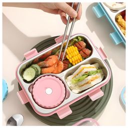 SCHOOLISH 3D Printed 304 Stainless Steel Rectangular 3 Grids Lunch Box with Bowl Leak Proof Food Container with Locks 700ml - PACK OF 1 - COLOR MAY VARY image 4