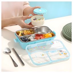 SCHOOLISH 3D Printed 304 Stainless Steel Rectangular 3 Grids Lunch Box with Bowl Leak Proof Food Container with Locks 700ml - PACK OF 1 - COLOR MAY VARY image 5