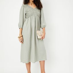 max V-Neck Puff Sleeve Empire Midi Dress With Lace Inserts-image-58