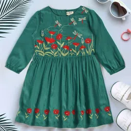 Bella Moda Girls Floral Embroidered Cotton Fit & Flare Knee Length Dress-picture-14