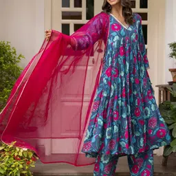 Moda Rapido Floral Printed V-Neck Empire Gotta Patti Anarkali Kurta With Trouser & Dupatta-image-70