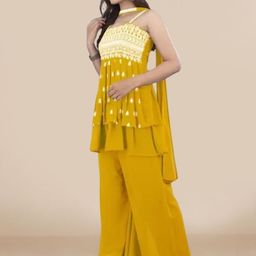 PARROT CREATION Women Embroidered Regular Sequinned Kurti with Sharara & With Dupatta image 4
