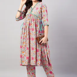 WineRed Women Floral Printed Regular Pure Cotton Kurta with Trousers-image-59