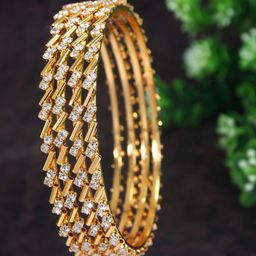 SGA FASHION Set Of 4 Gold-Plated American Diamond Stones Studded Bangles-14