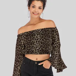 LULU & SKY Women Animal Printed Off-Shoulder Bell Sleeve Bardot Crop Top-picture-5