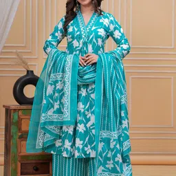 MEERA FAB Women Printed Sequinned Pure Cotton Kurta with Trousers & Dupatta Kurta Sets-picture-57