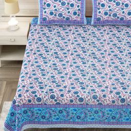 Aapno Rajasthan Blue & White Ethnic Motifs 144 TC King Bedsheet with 2 Pillow Covers-image-89