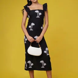 Loomfresh Women Printed Flutter Sleeves Square Neck Back Slits Detail A-Line Midi Dress-image-63