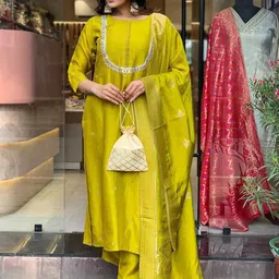 KALINI Stones & Beads Embellished Round Neck Chanderi Silk Kurta With Trousers & Dupatta-image-25