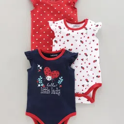 Babyoye Cotton Cap Sleeves Onesies Heart & Bug Print Pack of 3 - Red White Navy Blue-picture-6