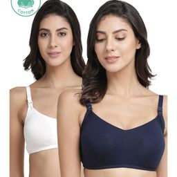 Inner Sense Pack Of 2 Organic Cotton Antimicrobial Solid Colour Nursing Bra - White & Navy Blue-image-36