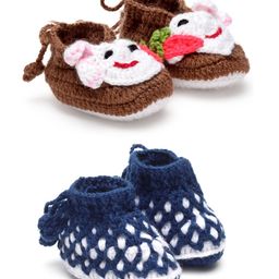 MayRa Knits Pack Of 2 Pair Of Hand Knitted Booties - Blue & Brown-picture-34
