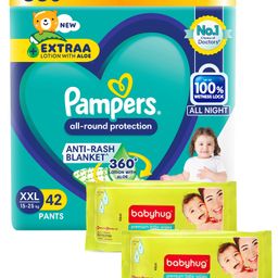 Pampers All round Protection Pants diapers (XXL) 42 Count,15-25kg, 360 degree Lotion with Aloe Vera and Babyhug Premium 98% Water Baby Wet Wipes with Moisturising Aloe Vera - 80 Pieces-image-67